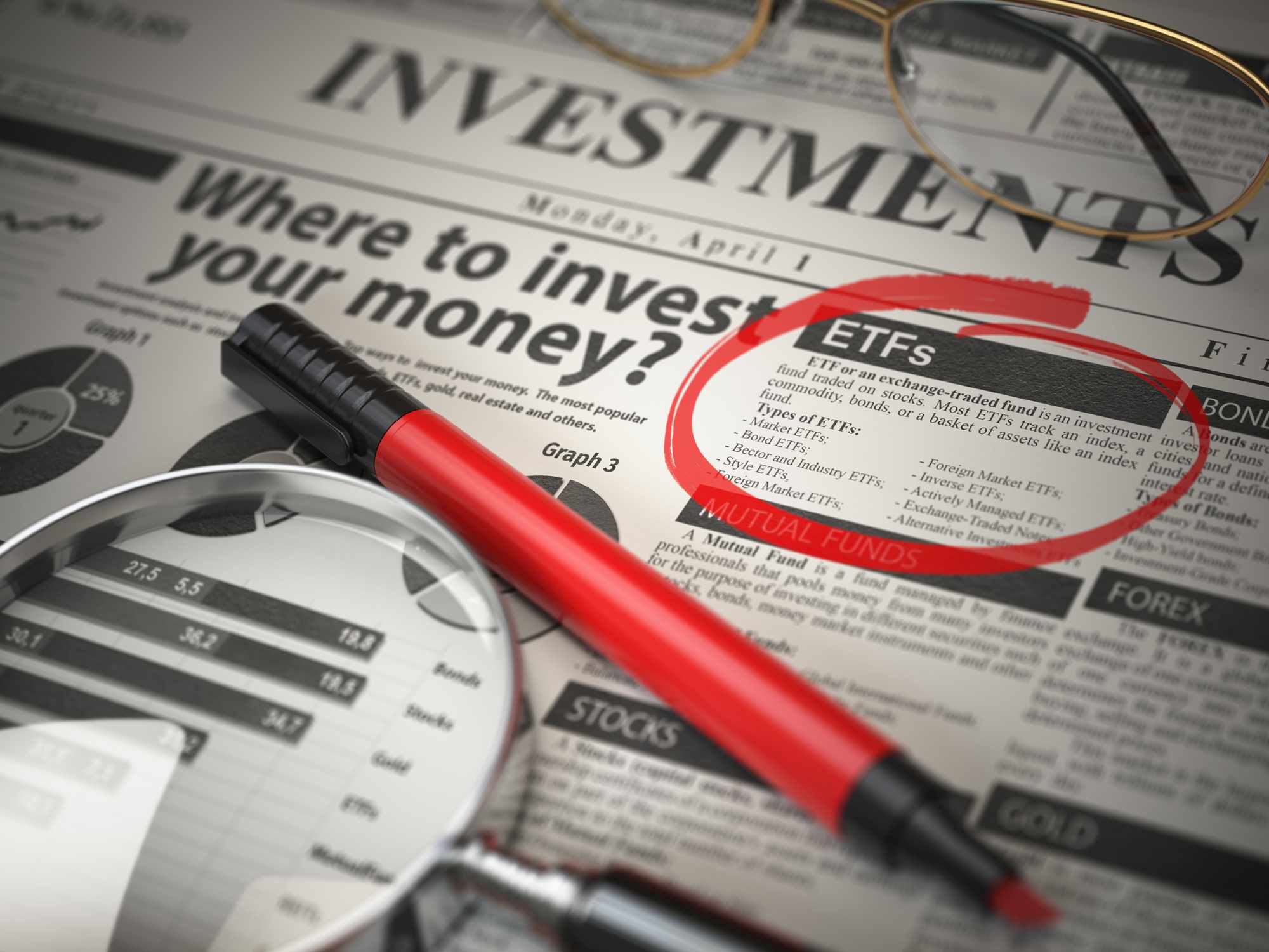 A newspaper with a red marker, a magnifying glass, and a section on exchange-traded funds (ETFs) highlighted.