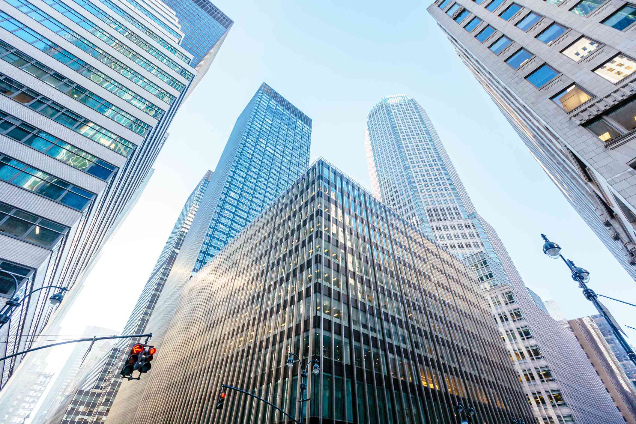 Low angle view of modern office buildings skyscrapers in Manhattan Midtown, New York