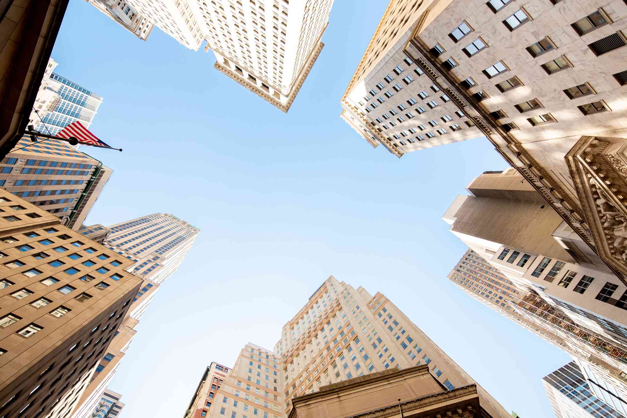 Skyscrapers at New York Stock exchange, view from below