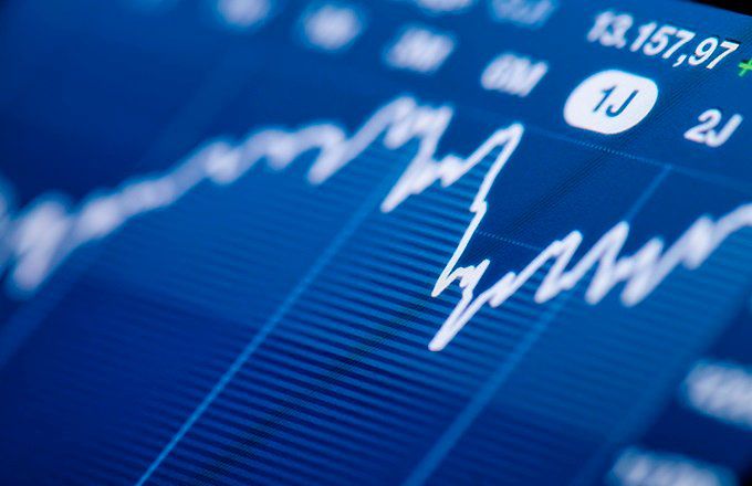 Stock prices moving up and down on a simple line chart.