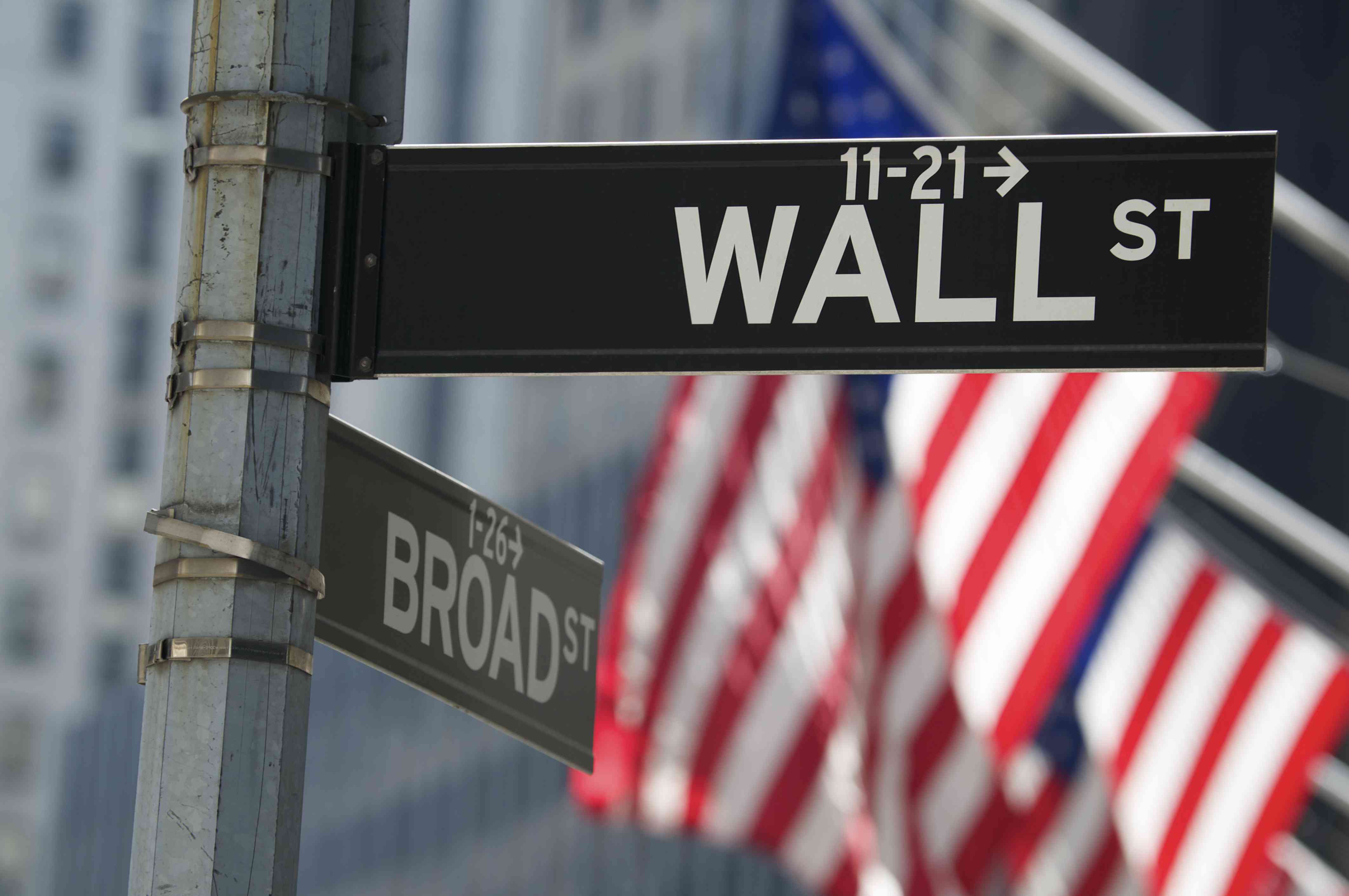 Wall Street sign with American flags