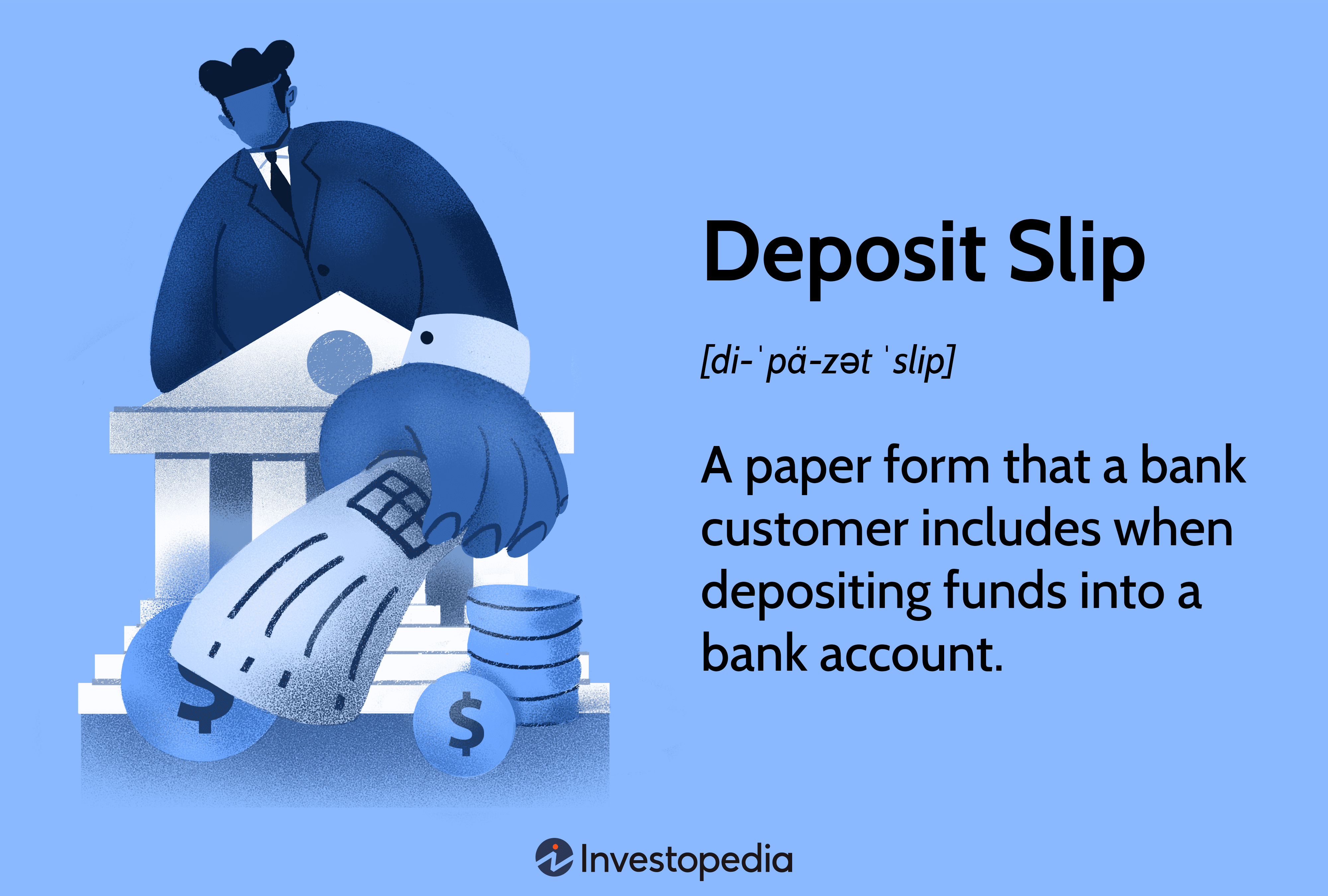 Deposit Slip: A paper form that a bank customer includes when depositing funds into a bank account.